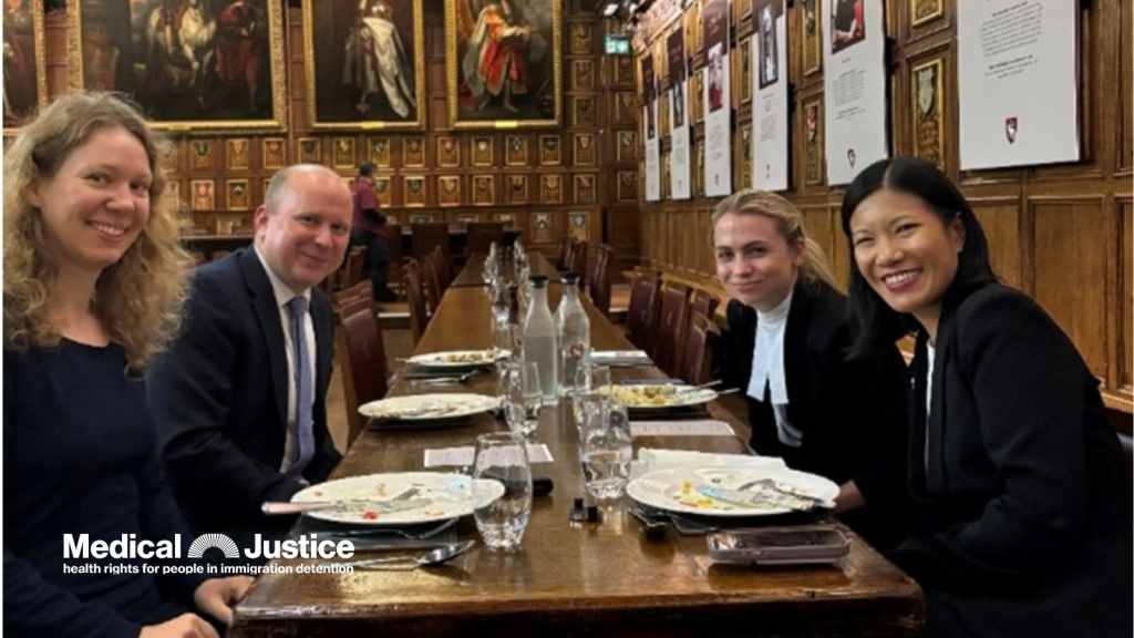 Team having lunch in Middle Temple Hall after the Court of Appeal hearing. From left to right Theresa Schleicher (Medical Justice), Jed Pennington (Wilsons Solicitors), Laura Profumo and Shu Shin Luh